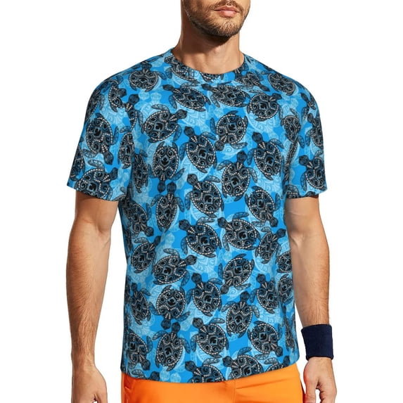 Wukai Bohemian Sea Turtle Print Men's Short-Sleeved Mesh T-Shirt,Quick-Dry Short Sleeve Workout T-Shirt-X-Large
