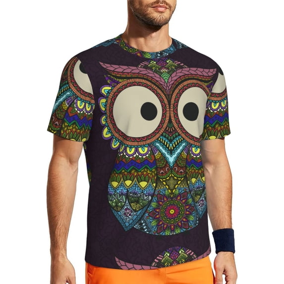 Wukai Boho Owl Print Men's Short-Sleeved Mesh T-Shirt,Quick-Dry Short Sleeve Workout T-Shirt-X-Small