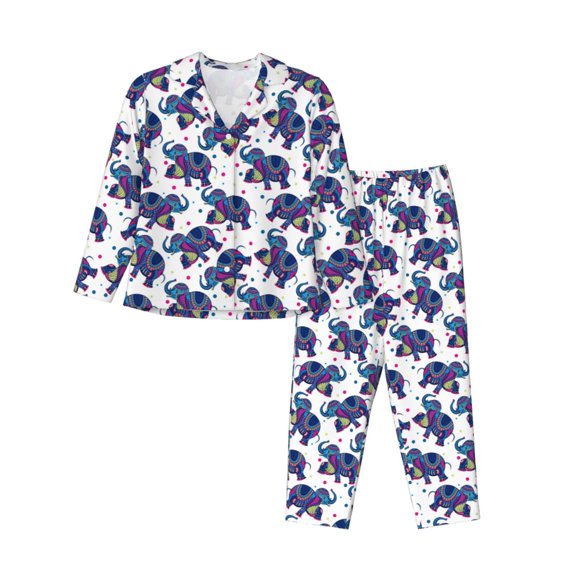 Wukai Boho elephant Print Women’s Pajama Long Sleeve Sleepwear Soft -Small