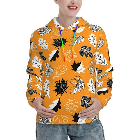 Wukai Bold Black and White Leaves Orange Print Womens Hoodies Fleece Sweatshirts Long Sleeve Sweaters Pullover Fall Outfits Winter Clothes-Medium