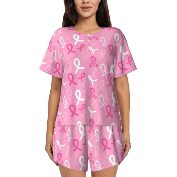 "Wukai Breast Cancer Awareness (3) Women's Pajama Set - Short-Sleeve Top and Shorts with Elastic Waistband and Pockets for Loungewear, Yoga, and Casual Wear-