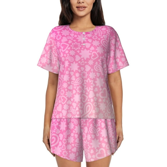 Wukai Breast Cancer Pink Ribbons Awareness Women's Pajama Set,Short-Sleeve Top and Shorts with Elastic Waistband and Pockets for Loungewear, Yoga, and Casual Wear-