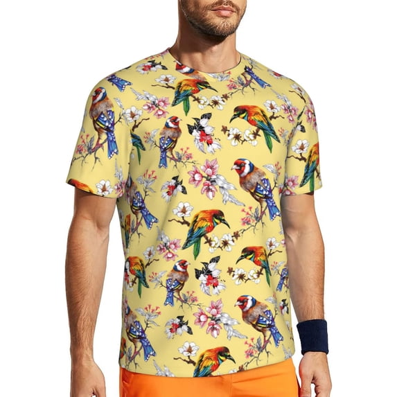 Wukai Bright Birds Print Men's Short-Sleeved Mesh T-Shirt,Quick-Dry Short Sleeve Workout T-Shirt-X-Large