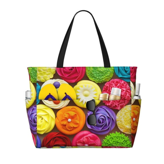 Wukai Brightly Colored Cupcakes Print Zipper Bag,large Beach Tote Bag,Waterproof Sandproof Bag,Grocery and Picnic Tote Travel Bag