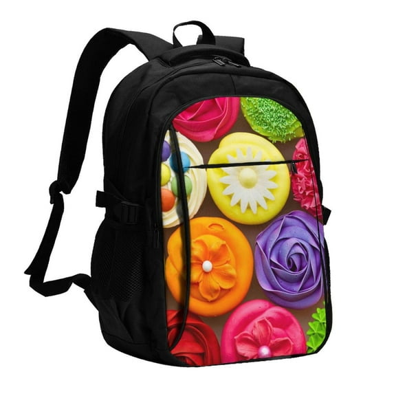 Wukai Brightly Colored Cupcakes Travel Laptop Backpack: Business Water-Resistant Bag with USB Charging Port, Ideal College Backpack for Men & Women