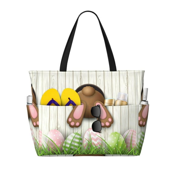 Wukai Brown Bunny Print Zipper Bag,large Beach Tote Bag,Waterproof Sandproof Bag,Grocery and Picnic Tote Travel Bag