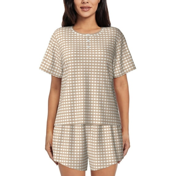 Wukai Brown Gingham Women's Pajama Set,Short-Sleeve Top and Shorts with Elastic Waistband and Pockets for Loungewear, Yoga, and Casual Wear-XX-Large