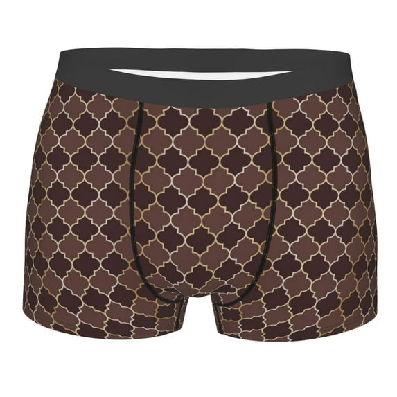 Wukai Brown Gold Grid Print Men’s Underwear Breathable Boxer Briefs, Moisture Wicking & Breathable-Large