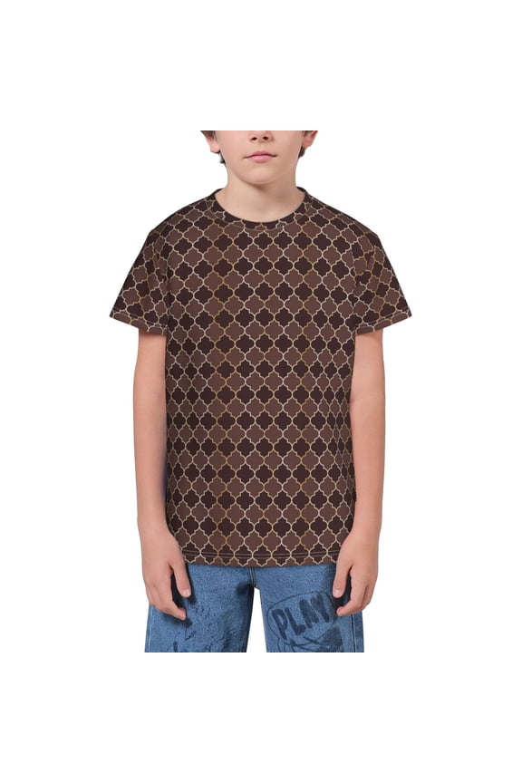 Brown Gold Grid Youth Unisex Short Sleeve T-Shirt for Boys, Girls, Teens, and Kids-Medium