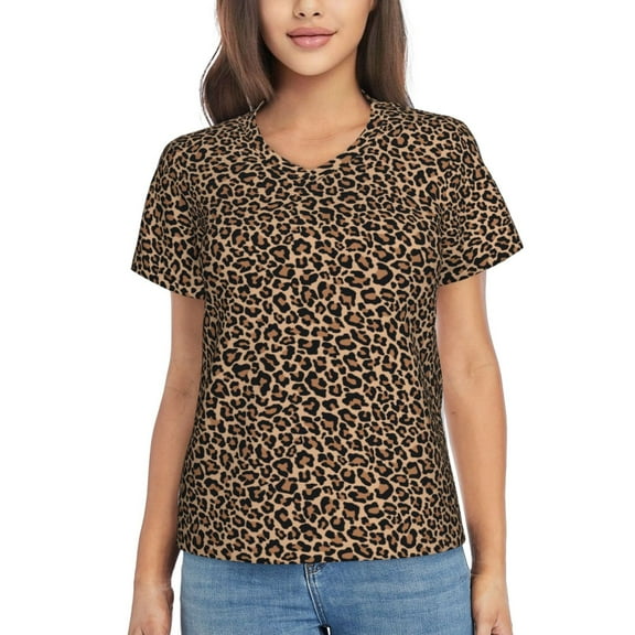 Wukai Brown Leopard Classic V-Neck T-Shirt for Women: Comfortable, Stylish, and Versatile Wardrobe Essential-Small