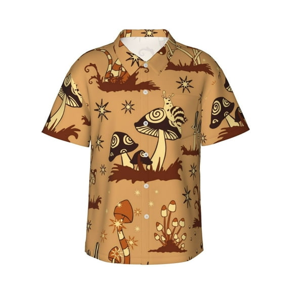 Wukai Brown Mushrooms Men's Hawaiian Shirt Short Sleeve Casual Button Down Summer Beach Aloha Shirt Tropical Print Holiday Party