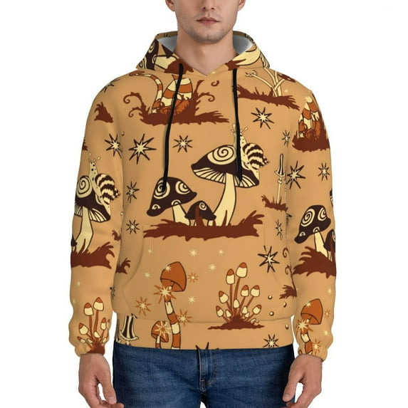 Wukai Brown Mushrooms Print Men Hoodies Fleece Sweatshirts Long Sleeve Sweaters Pullover Fall Outfits Winter Clothes-Small