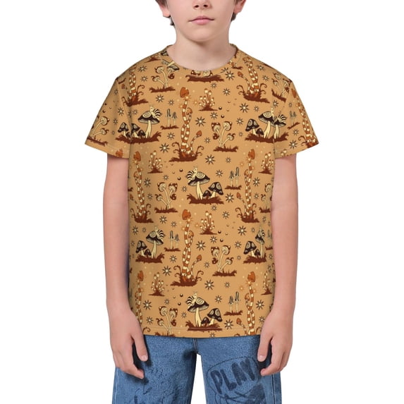 Wukai Brown Mushrooms Youth Unisex Short Sleeve T-Shirt for Boys, Girls, Teens, and Kids-Large