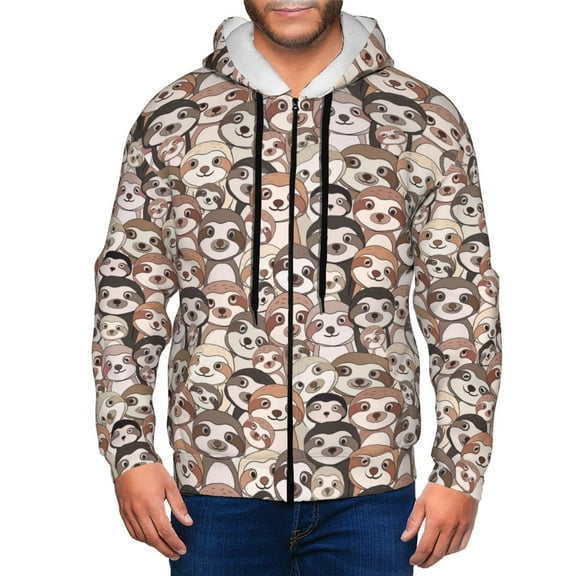 Wukai Brown Sloth Print Men's Zip-Up Hoodie,Fleece Full-Zip Hoodie for Men, Hooded Sweatshirt-3X-Large
