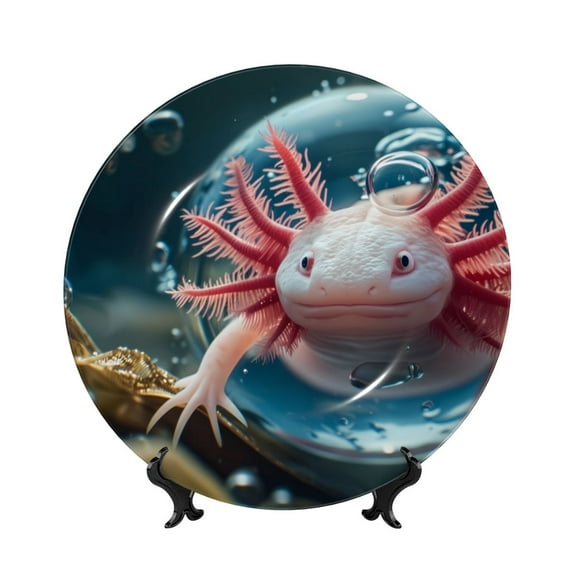 Wukai Bubbles Axolotl Fantasy Print Decorative Plate for Display,Bone China Decorative Plate, Ceramic Dinner Plate with Stand, Vertical Ceramic Plate-6in