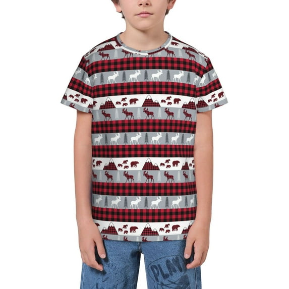 Wukai Buffalo Plaid Forest Youth Unisex Short Sleeve T-Shirt for Boys, Girls, Teens, and Kids-X-Small