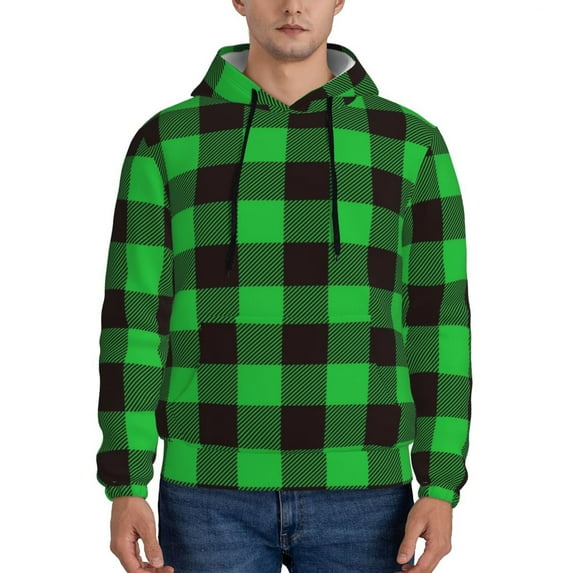 Wukai Buffalo Plaid Green Black Print Men Hoodies Fleece Sweatshirts Long Sleeve Sweaters Pullover Fall Outfits Winter Clothes-Medium