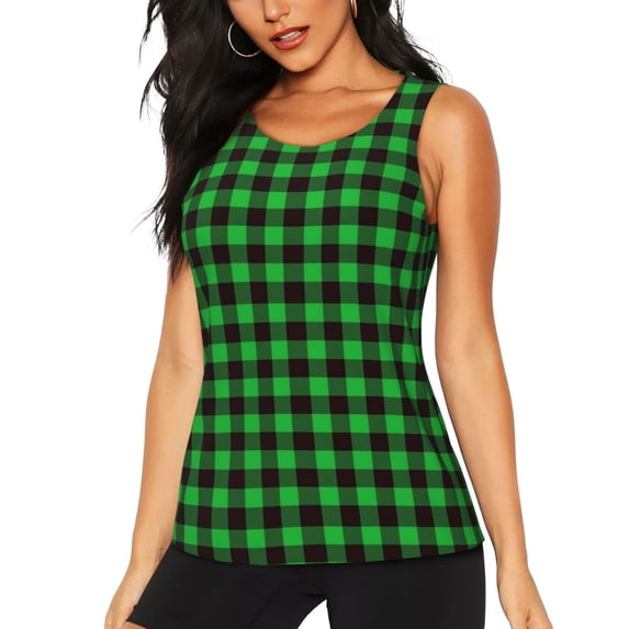 Wukai Buffalo Plaid Green Black Print Women's Workout Tank Top Mesh Yoga Shirts Athletic Running Tank Tops Athletic Gym Shirts - XX-Large