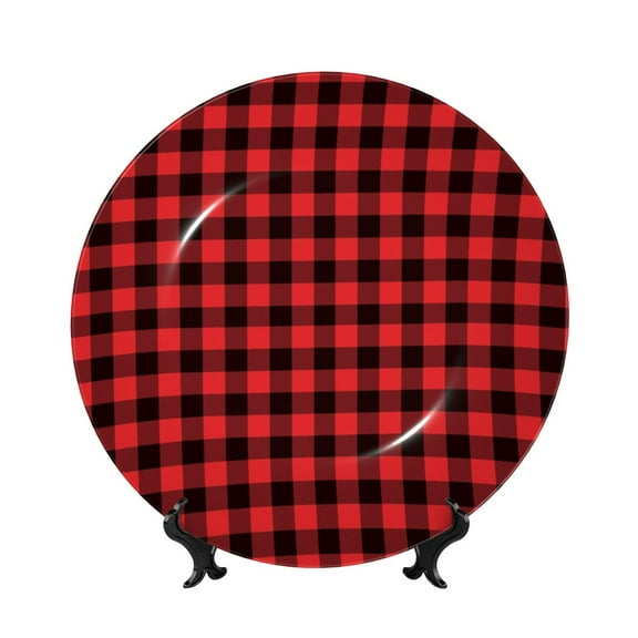 Wukai Buffalo Plaid Red Black Print Decorative Plate for Display,Bone China Decorative Plate, Ceramic Dinner Plate with Stand, Vertical Ceramic Plate-6in