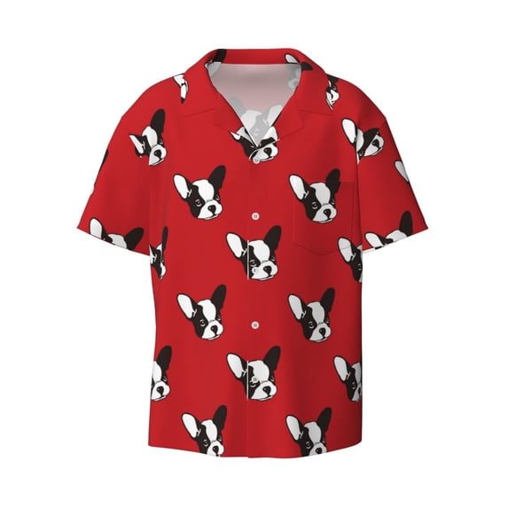 Wukai Bulldog Red Men's Casual Short-Sleeve Button Down Shirt - Lightweight Summer Dress Shirt for Daily Wear-Small