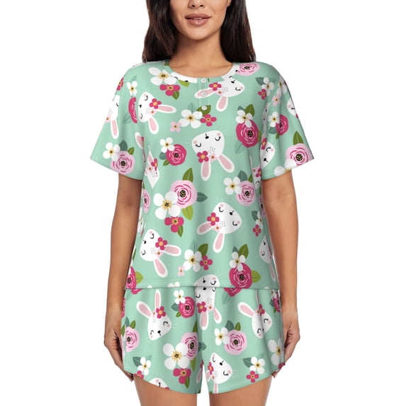 Wukai Bunny And Rose Women's Pajama Set,Short-Sleeve Top and Shorts with Elastic Waistband and Pockets for Loungewear, Yoga, and Casual Wear-Large