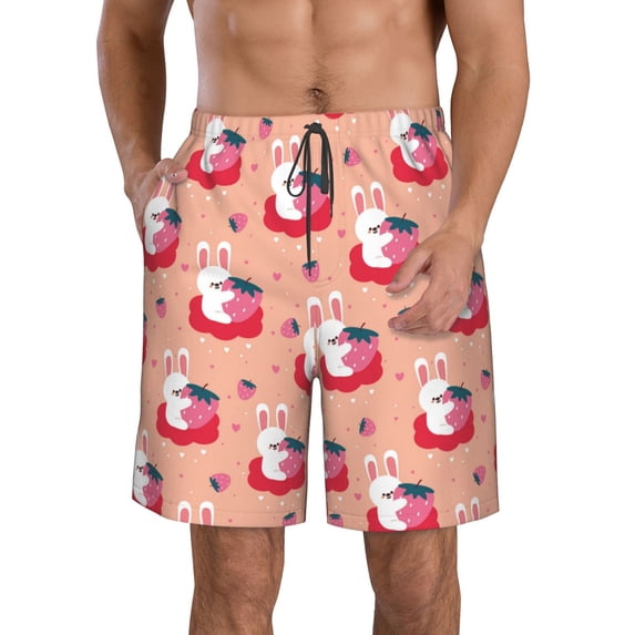 Wukai Bunny And Strawberry Print Beach Trunks with Compression Liner Swimsuit Quick Dry Beach Sports Shorts with Pocket-X-Large