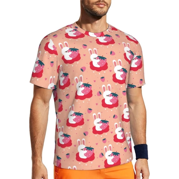 Wukai Bunny And Strawberry Print Men's Short-Sleeved Mesh T-Shirt,Quick-Dry Short Sleeve Workout T-Shirt-6X-Large