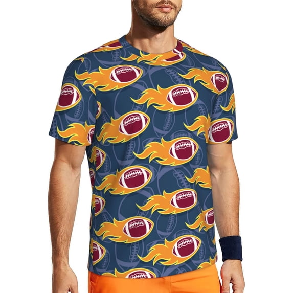Wukai Burning Rugby Balls Print Men's Short-Sleeved Mesh T-Shirt,Quick-Dry Short Sleeve Workout T-Shirt-Small
