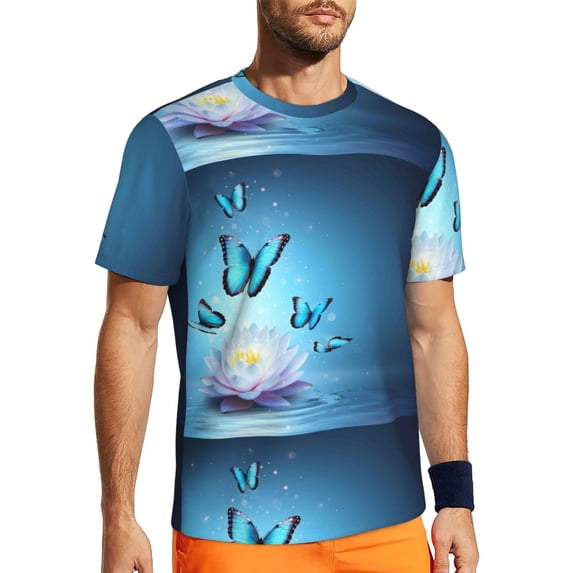 Wukai Butterflies And Waterlily In Water Print Men's Short-Sleeved Mesh T-Shirt,Quick-Dry Short Sleeve Workout T-Shirt-Large