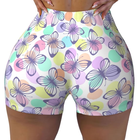 Wukai Butterflies on Polka Dots Print Pack Biker Shorts for Women Yoga Workout Gym Running Scrunch Active Shorts-Large