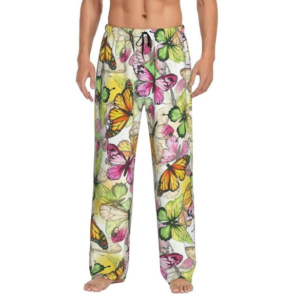 Wukai Butterflies2 Mens PJ Pajama Pants|Sleepwear Plaid PJs with Pockets|Men's Lightweight Open-Hem Lounge Pants-X-Large