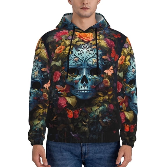 Wukai Butterfly Flower Skull A Print Men Hoodies Fleece Sweatshirts Long Sleeve Sweaters Pullover Fall Outfits Winter Clothes-Small