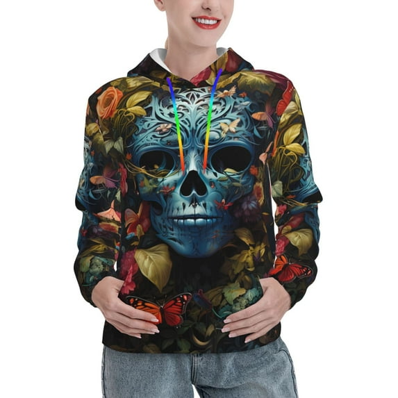 Wukai Butterfly Flower Skull A Print Womens Hoodies Fleece Sweatshirts Long Sleeve Sweaters Pullover Fall Outfits Winter Clothes-Large