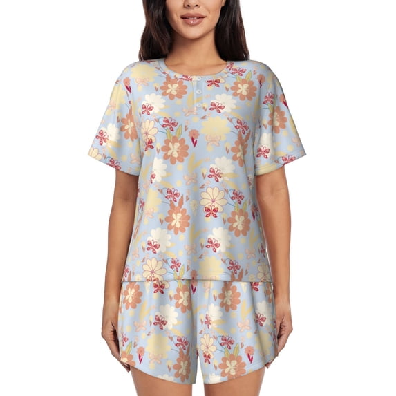 "Wukai Butterfly Flower Women's Pajama Set - Short-Sleeve Top and Shorts with Elastic Waistband and Pockets for Loungewear, Yoga, and Casual Wear-XX-Large