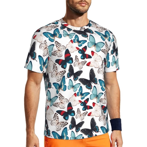 Wukai Butterfly Print Men's Short-Sleeved Mesh T-Shirt,Quick-Dry Short Sleeve Workout T-Shirt-Small