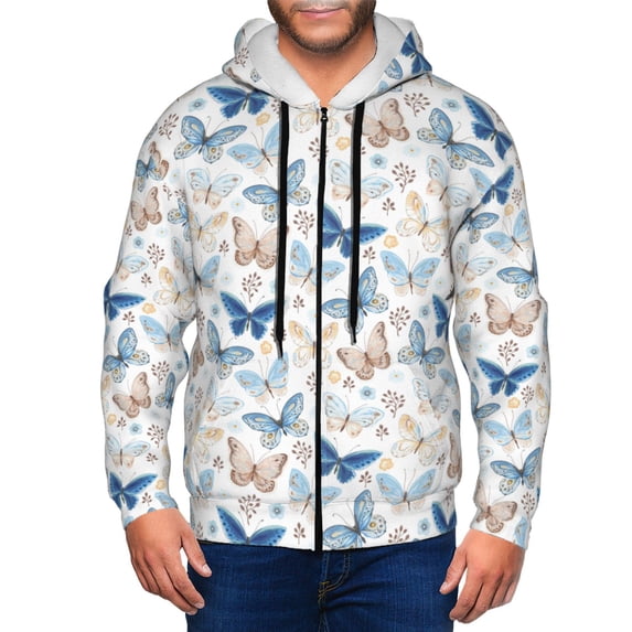Wukai Butterfly Print Men's Zip-Up Hoodie,Fleece Full-Zip Hoodie for Men, Hooded Sweatshirt-Small