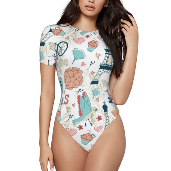 Naloa Eiffel Tower Women's Short-Sleeved Onesie, One-Piece Swimsuit for Parties, dates, clubs - X-Large