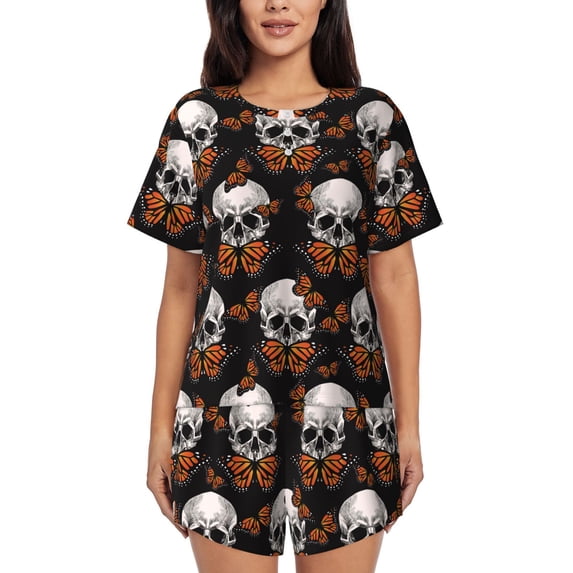 Wukai Butterfly Skull Women's Pajama Set,Short-Sleeve Top and Shorts with Elastic Waistband and Pockets for Loungewear, Yoga, and Casual Wear-Large