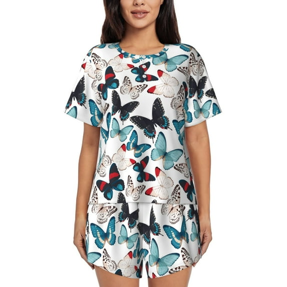 "Wukai Butterfly Women's Pajama Set - Short-Sleeve Top and Shorts with Elastic Waistband and Pockets for Loungewear, Yoga, and Casual Wear-Medium