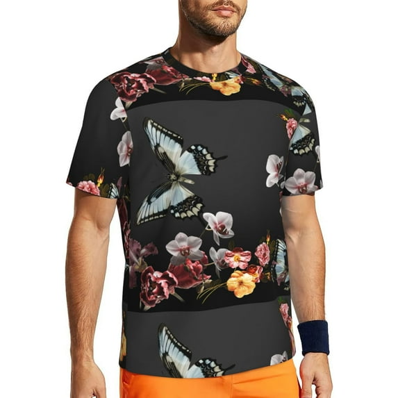 Wukai Butterfly with Fowers Print Men's Short-Sleeved Mesh T-Shirt,Quick-Dry Short Sleeve Workout T-Shirt-