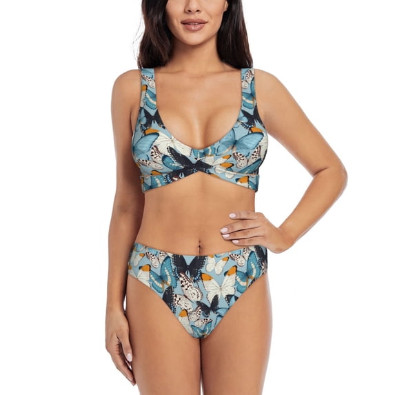 Wukai Butterflys Women's Bikini Set Two Piece,wimsuit High Waisted V Neck Twist Front Adjustable Spaghetti Straps Bathing Suit-XX-Large