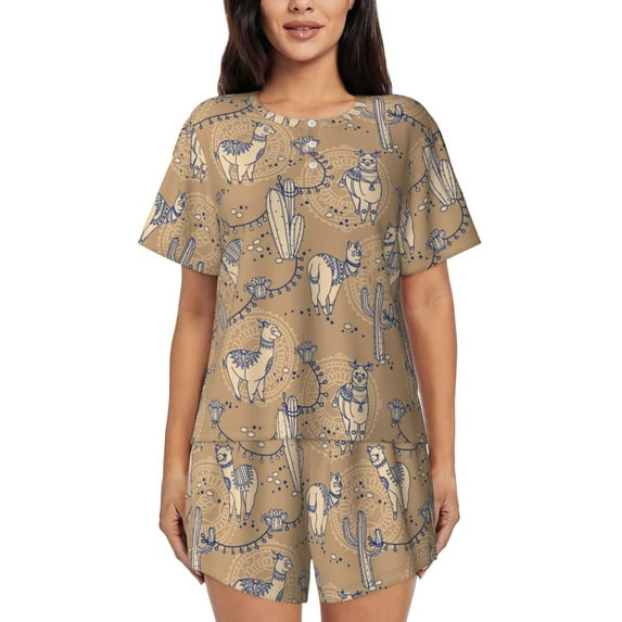 Wukai Cactus Alpaca Women's Pajama Set,Short-Sleeve Top and Shorts with Elastic Waistband and Pockets for Loungewear, Yoga, and Casual Wear-Small