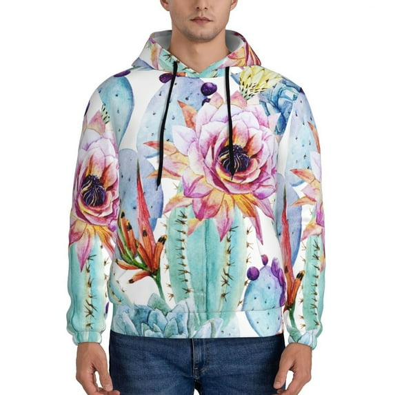 Wukai Cactus Print Men Hoodies Fleece Sweatshirts Long Sleeve Sweaters Pullover Fall Outfits Winter Clothes-Large