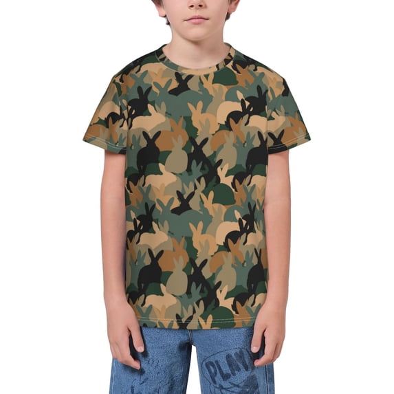 Wukai Camouflage Rabbit Youth Unisex Short Sleeve T-Shirt for Boys, Girls, Teens, and Kids-Small