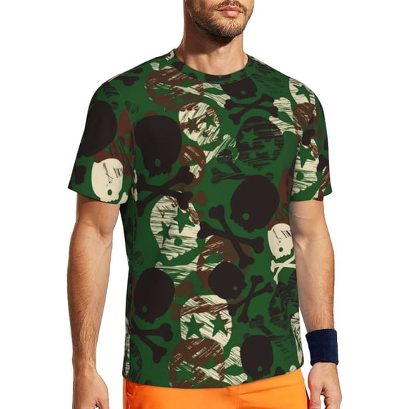 Wukai Camouflage Skull Print Men's Short-Sleeved Mesh T-Shirt,Quick-Dry Short Sleeve Workout T-Shirt-Medium