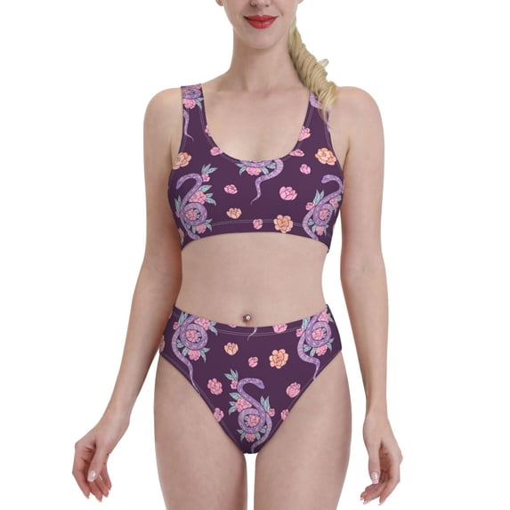 Vsdgher Womens High Waisted Bikini Sets Two Piece Swimsuit Snake And Flower Print Tummy Control Bathing Suit-X-Large