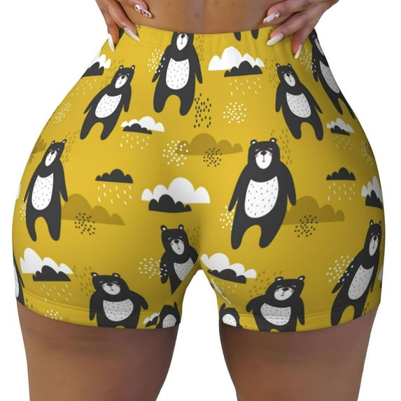 Wukai Cartoon Bear Yellow Print Pack Biker Shorts for Women Yoga Workout Gym Running Scrunch Active Shorts-Small