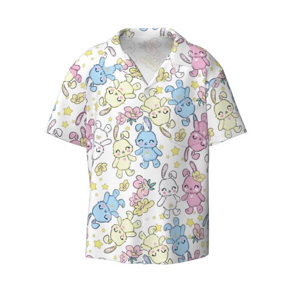 Wukai Cartoon Bunny Men's Casual Short-Sleeve Button Down Shirt - Lightweight Summer Dress Shirt for Daily Wear-Large