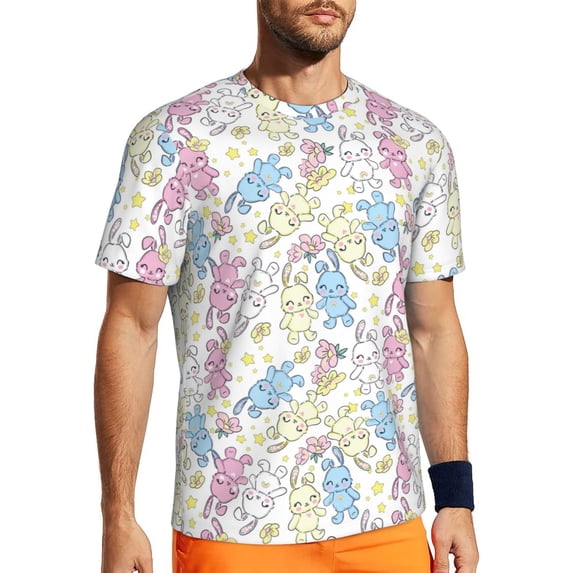 Wukai Cartoon Bunny Print Men's Short-Sleeved Mesh T-Shirt,Quick-Dry Short Sleeve Workout T-Shirt-X-Small