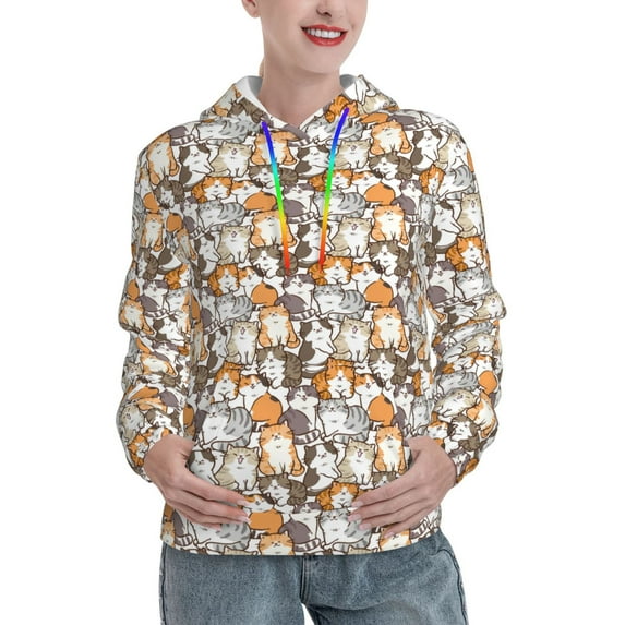 Wukai Cartoon Cat 1 Print Womens Hoodies Fleece Sweatshirts Long Sleeve Sweaters Pullover Fall Outfits Winter Clothes-X-Large